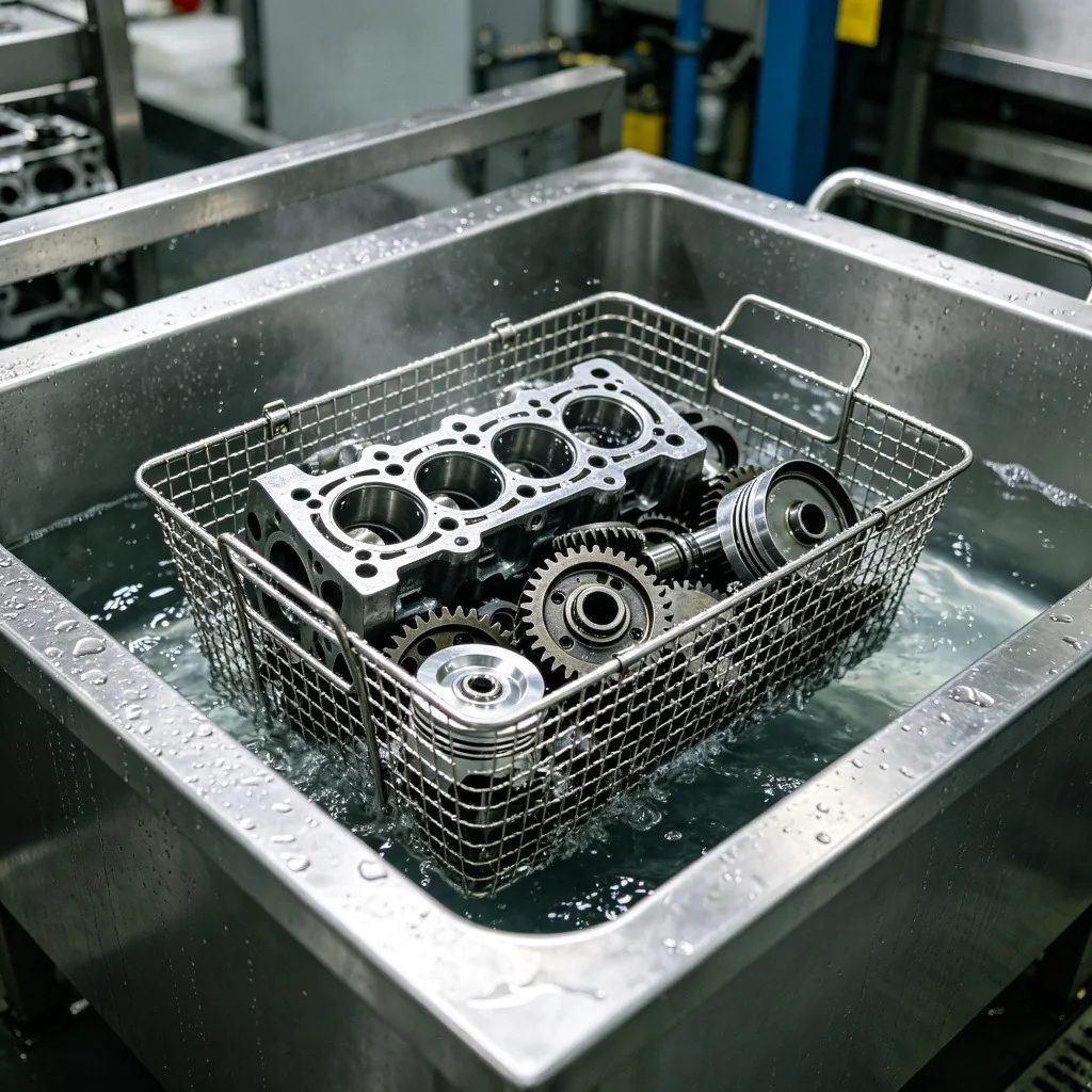 Automotive components in a cleaning basket