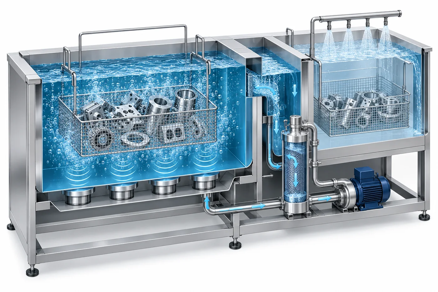 Ultrasonic wash, filtration and rinse process architecture