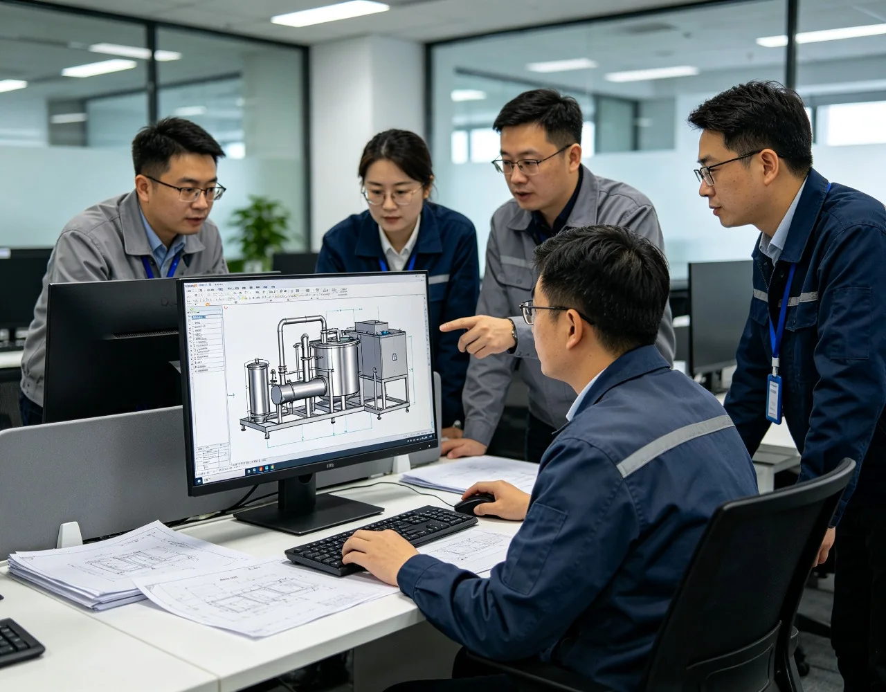 LENJEX engineering team reviewing a three-dimensional equipment model