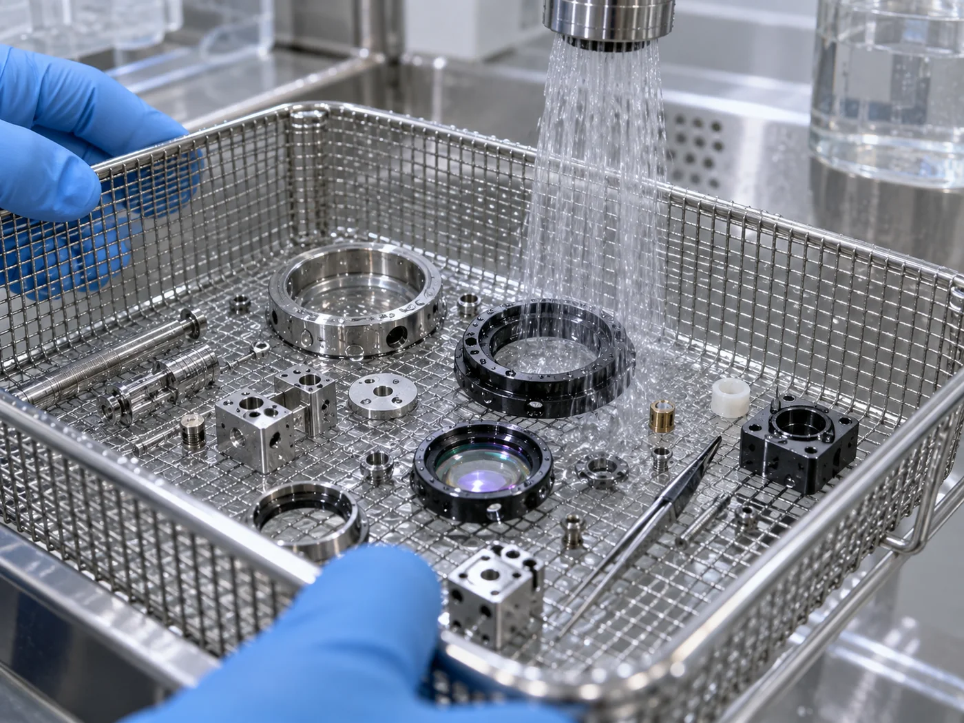 Precision components under controlled rinsing